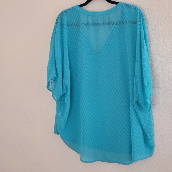 Chico's Teal Blue Chevron Sheer Chiffon Short Sleeve Blouse Size 3 / XL - Picture 5 of 10